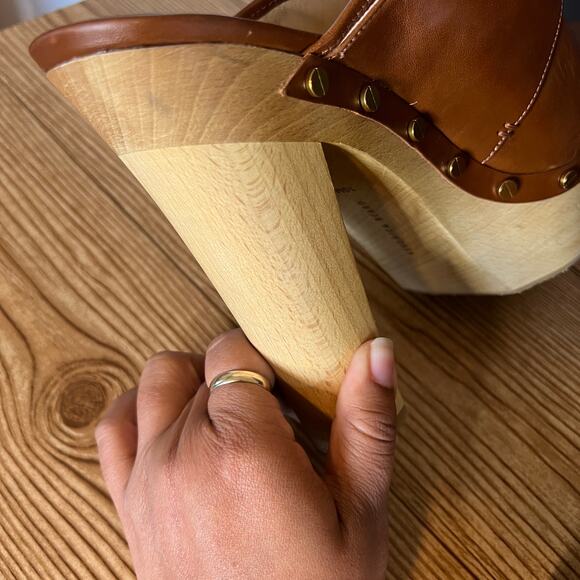 Veronica Beard Cognac Leather Wood Platform Heeled Mules Clogs Womens 10 Alek - Picture 8 of 15